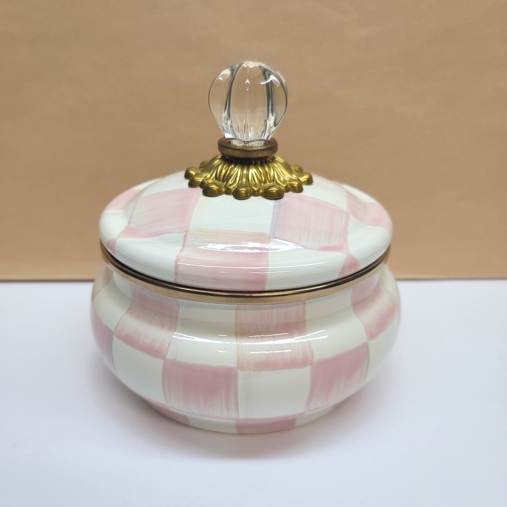 MacKenzie-Childs Rosy Check Squashed Pot Enamel Lidded Canister 89223-740 6in H